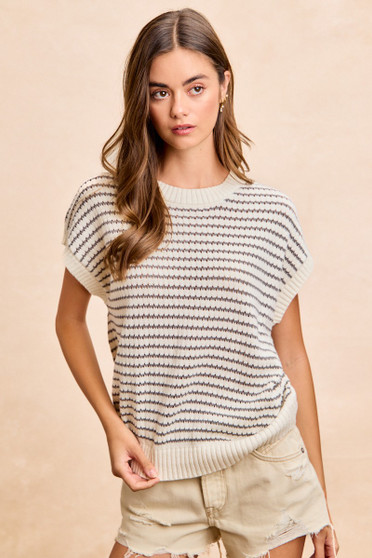 BiBi Pointelle Stripes Sleeveless Drop Shoulder Lightweight Sweater Top
