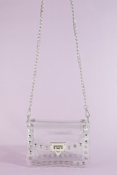 Fame Clear Studded Crossbody Stadium Bag With Chain Strap