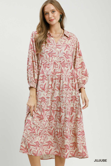 Umgee Linen Botanical Print Tiered Midi Dress