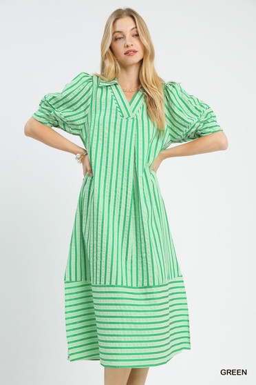 Umgee Striped Puff Sleeve Midi Dress