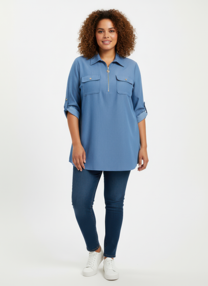 Zip Front Utility Pocket Tunic Blouse​​