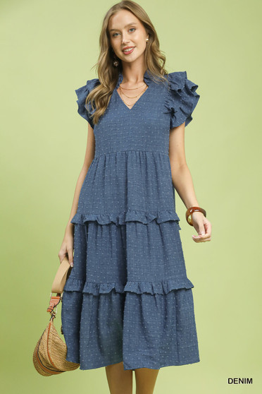 Umgee Textured Ruffle Sleeve Tiered Midi Dress