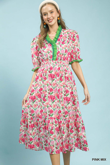 Umgee Floral Ruffle Trim Tiered Midi Dress