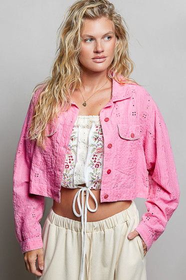 POL Eyelet Textured Cotton Cropped Button-Front Jacket