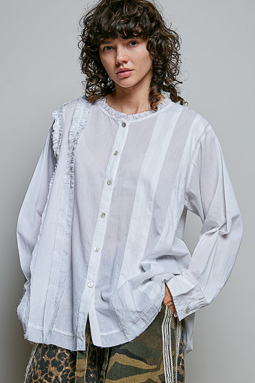 POL Lightweight Ruffle Trim Round Neck Woven Shirt