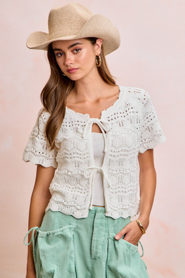 BiBi Front Bow Tie Detail Pointelle Knit Top