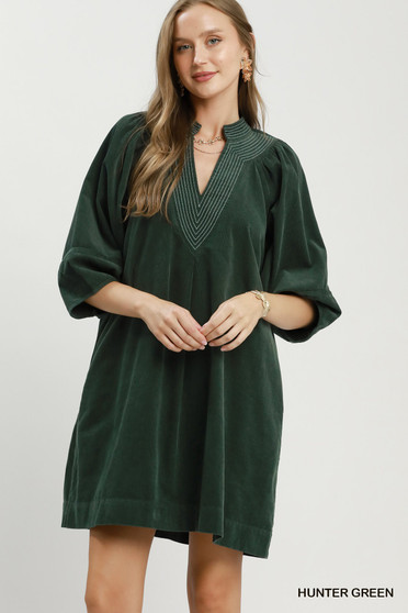 Umgee Corduroy V-Neck Puff Sleeve Shift Dress with Pockets