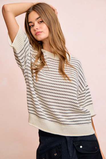 BiBi Stripes Short Sleeves Rib Banded Outseam Knit Top