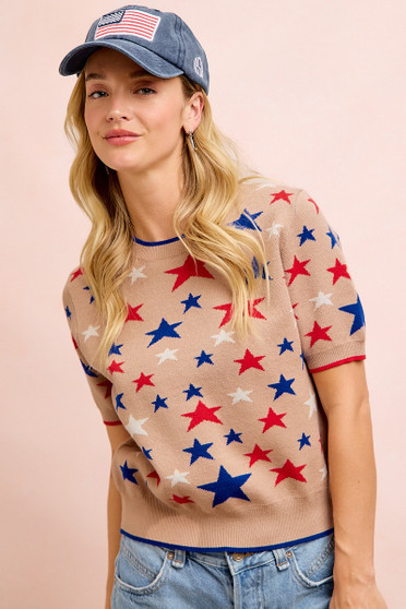 BiBi 4th Of July Multi Star Patterned Cozy Knit Top