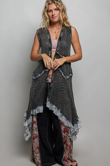 POL Vintage Wash Ruffled Crochet Vest Cardigan