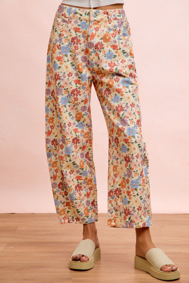 BiBi Washed Floral Printed Twill Barrel Pants