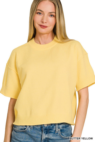 Zenana Lightweight Exposed Seam Short Sleeve Crop Sweater