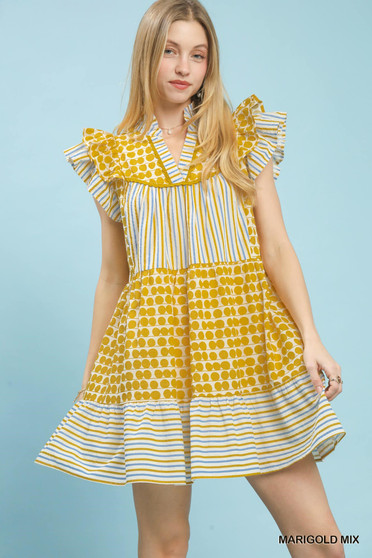 Umgee Mix Patchwork Flutter Sleeve Tiered Dress