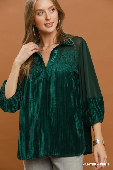 Umgee Velvet Lace Detail Mixed Fabric Blouse