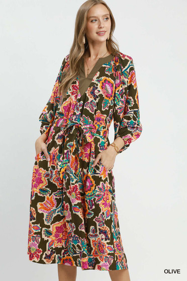 Umgee Abstract Print Embroidered Belted Midi Dress