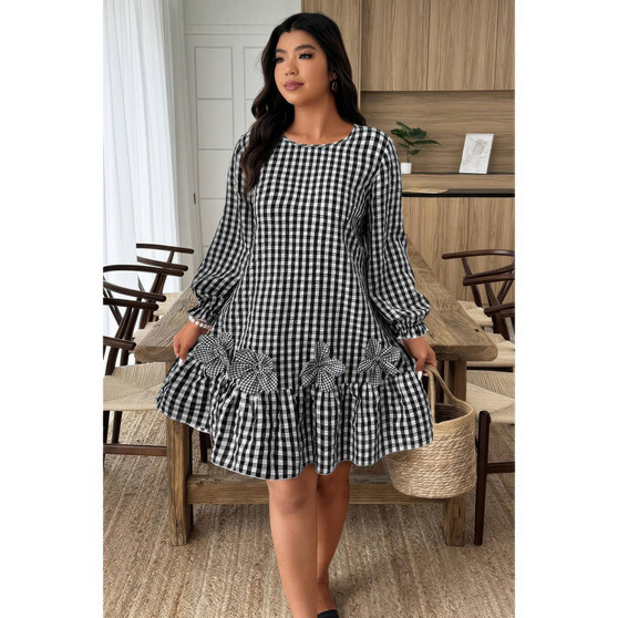 Plus Size Plaid Round Neck Floral Cut Dress 
