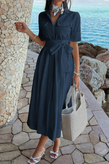 Solid Pocket Turn Down Collar A Line Dress 