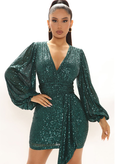 Women Sexy Sequin V-Neck Long Sleeve Dress