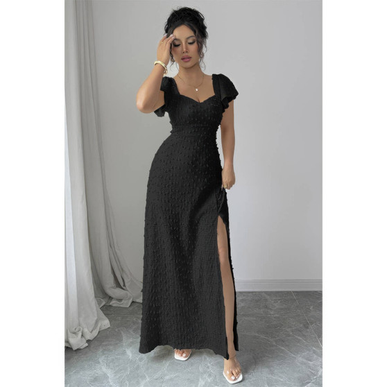 Swiss Dot Lace V Neck A Line Knot Back Dress 