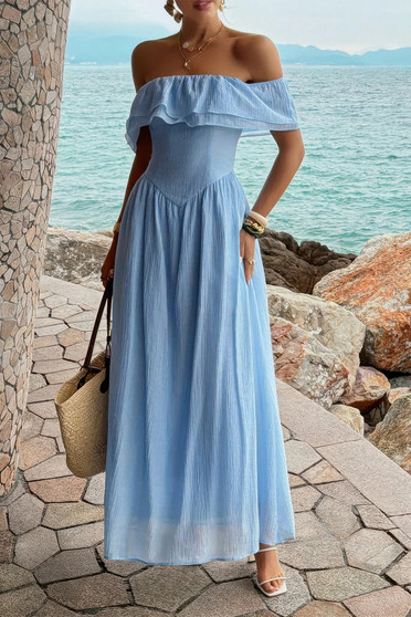 Solid Off Shoulder Corset Ruffle Long Dress 