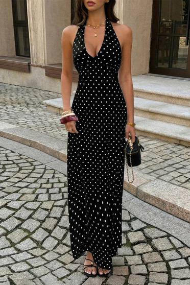Polkadot Halter Bodycon Sleeveless Long Dress 