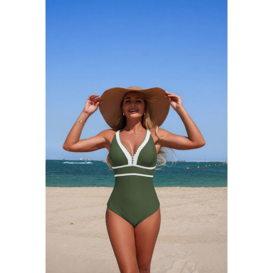 One Piece Color Block V Neck Stretch Swimsuit 