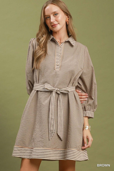 Umgee Striped Contrast Belted Puff Sleeve Mini Dress