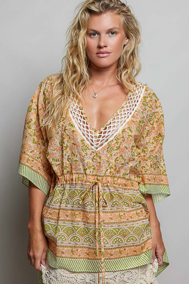 POL Block Print Floral Tie Front Boho Blouse