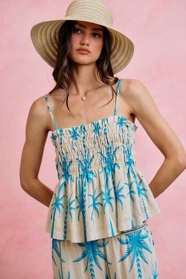 SO ME Palm Tree Smocked Bodice Adjustable Cami Top