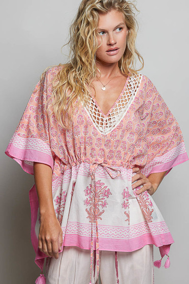POL Block Print Floral Tie Front Boho Blouse