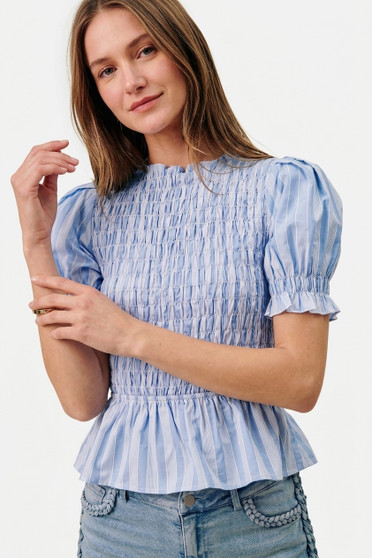 SO ME Stripe Smocked Bodice Puff Sleeves Blouse Top