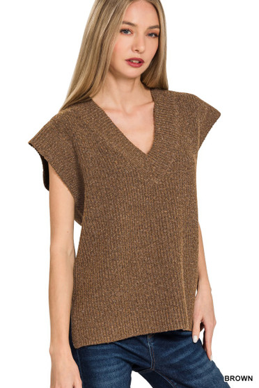 Zenana Ribbed Slit V-Neck Sweater Vest