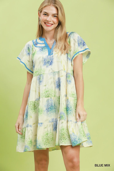 Umgee Floral Print Contrast Trim Tiered Babydoll Dress