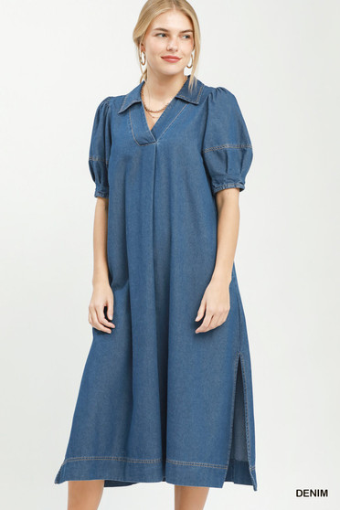 Umgee Chambray Collared Puff Sleeve Dress