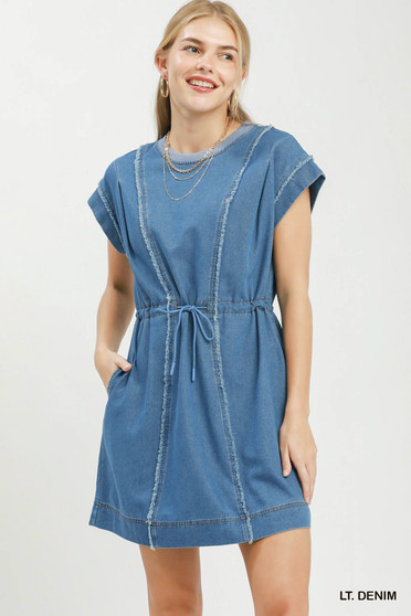 Umgee Drawstring Waist Frayed Denim Mini Dress
