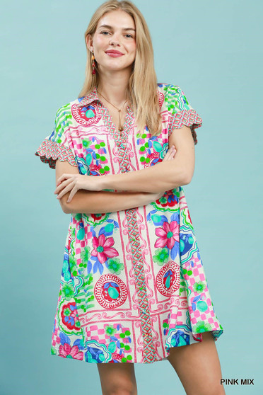 Umgee Mediterranean Print Dress with Contrast Printed Trim