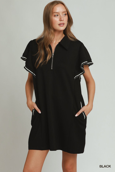 Umgee Half Zip Ruffle Rib Band Butterfy Sleeve Mini Dress with Pockets
