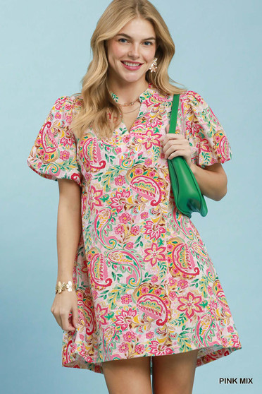 Umgee Paisley Floral Puff Sleeve Shift Dress