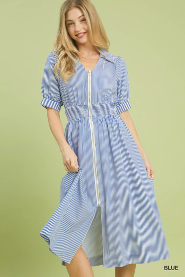 Umgee Striped Midi Dress with Front Zipper