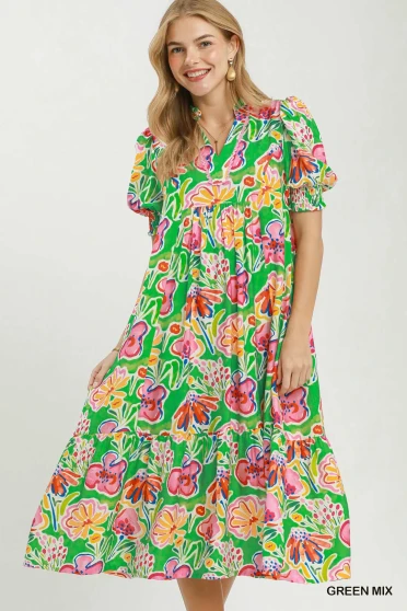 Umgee Floral Print Puff Sleeve Tiered Midi Dress