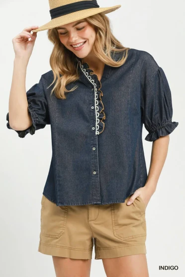 Umgee Chambray Scalloped Trim Button Front Blouse