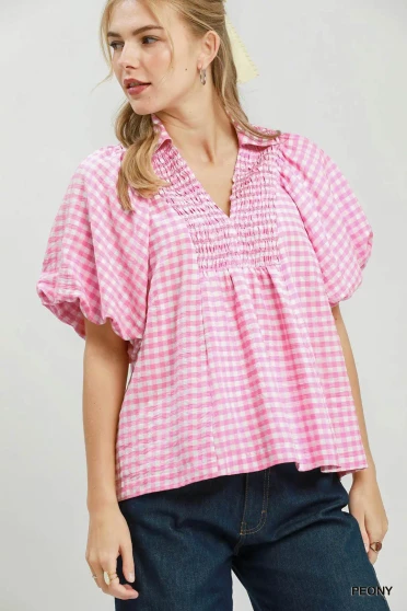Umgee Smocked Yoke Puff Sleeve Gingham Blouse