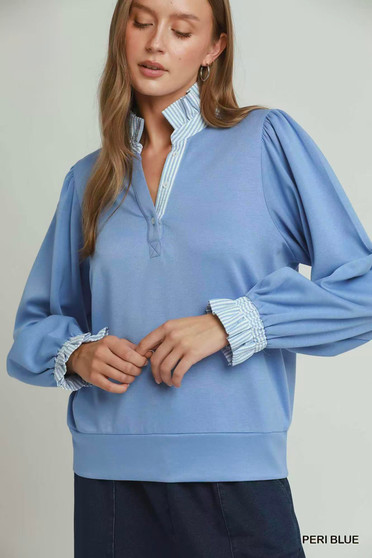 Umgee Stripe Ruffle Neck Long Sleeve Top