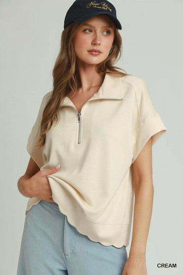 Umgee Half Zip Pullover with Scalloped Edge Hem