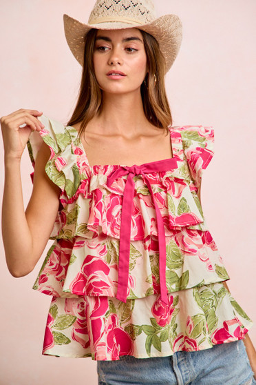 BiBi Floral Print Woven Bow Tie Ruffle Square Neck Top