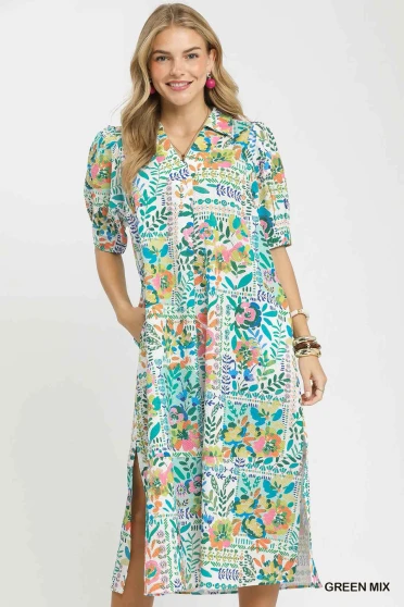 Umgee Folk Print Midi Dress with Side Pockets