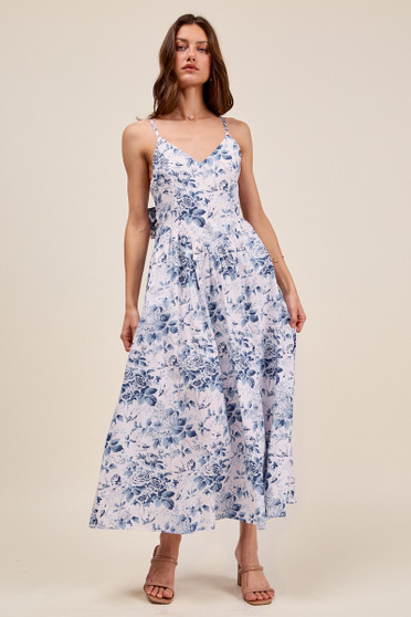 SO ME Floral Woven V Neck Dress With Back Ribbon Tie