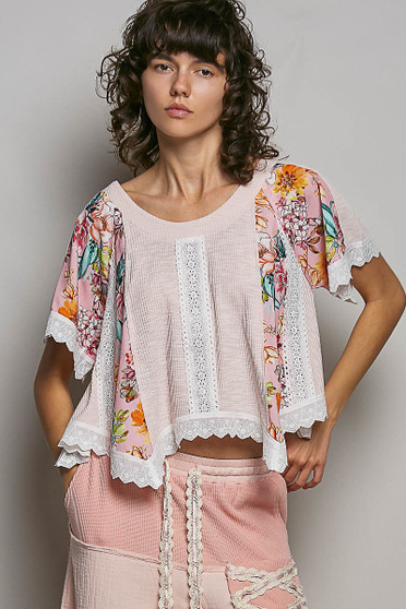 POL Round Neck Ribbed Cropped Top with Lace Detail