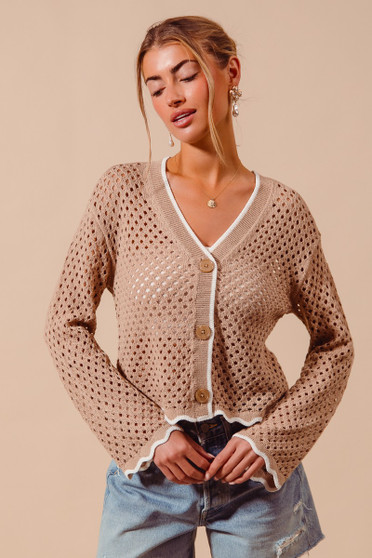 SO ME Open Knit Light Weight Sweater Cardigan With Contrast Wavy Scallop Edge