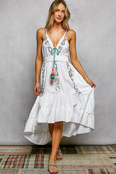 POL Embroidered Detail Tassel Tie Smocked Waist Midi Tiered Cami Dress